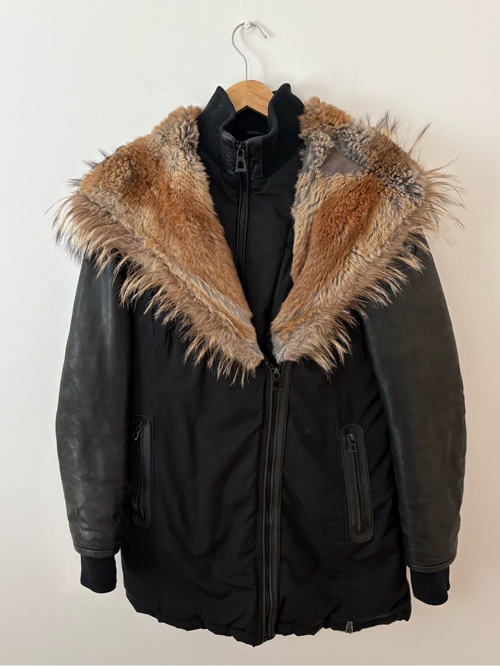 RUDSAK Black Down Fur Trimmed Midi Parka Leather Sleeves Size Medium Luxury Chic - Picture 2 of 16